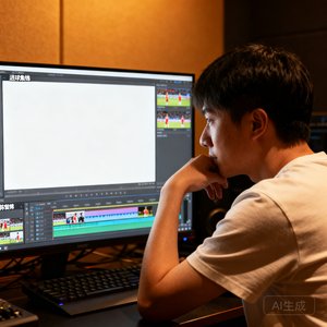 视频剪辑师陈曦在编辑精彩回放，软件时间轴显示进球集锦
